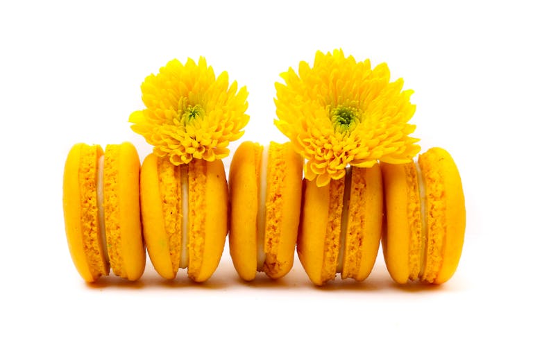 Bright yellow macarons paired with chrysanthemums on a white background.